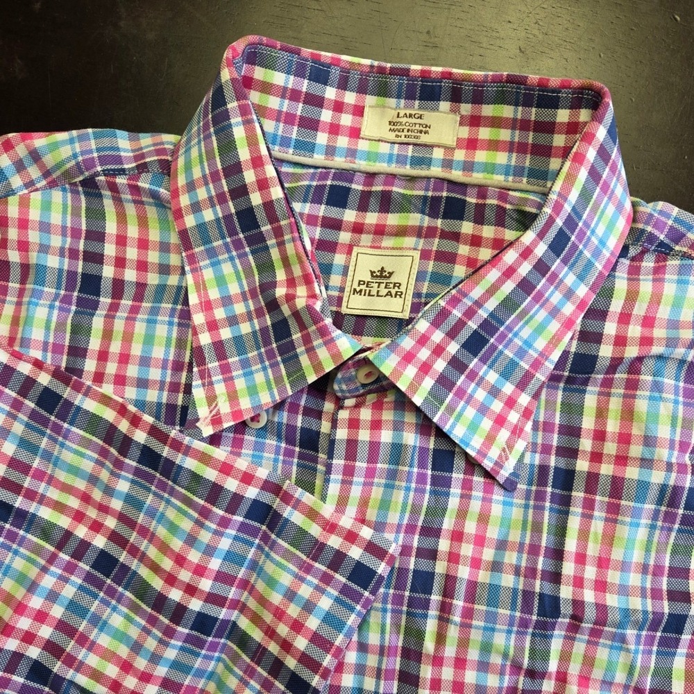 Peter Millar Mens Large Plaid Short Sleeve Button Up Shirt Multicolor Cotton